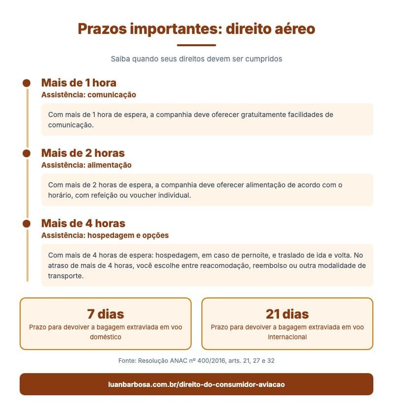 Prazos do direito aéreo: assistência com mais de 1, 2 e 4 horas de espera e 7 ou 21 dias para devolver a bagagem extraviada