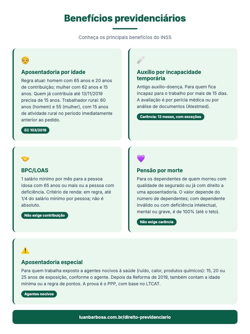 Infográfico dos principais benefícios do INSS: aposentadoria por idade, auxílio por incapacidade temporária, BPC/LOAS, pensão por morte e aposentadoria especial